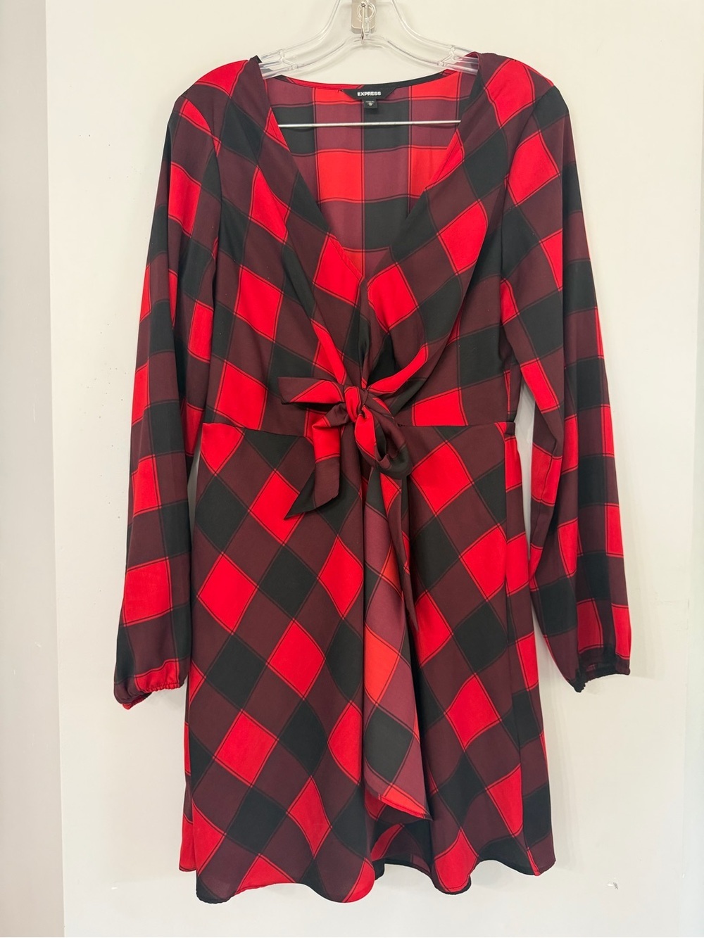 Express Women’s Medium Red Black Buffalo Plaid Bow Front Knee Length Dress
